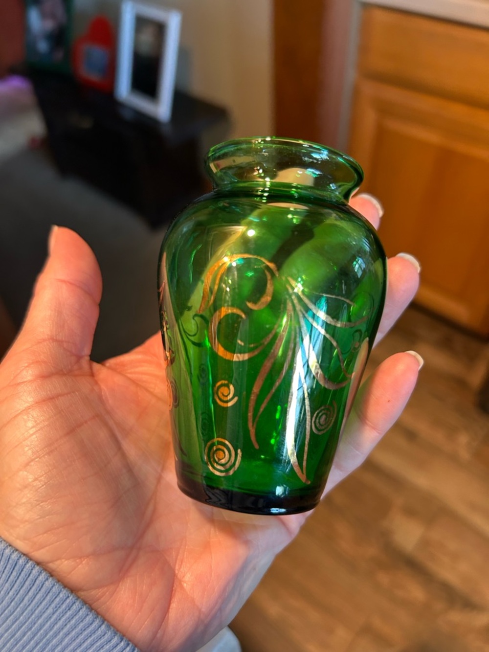 Green Glass Bud Vase with Gold Swirl Accents